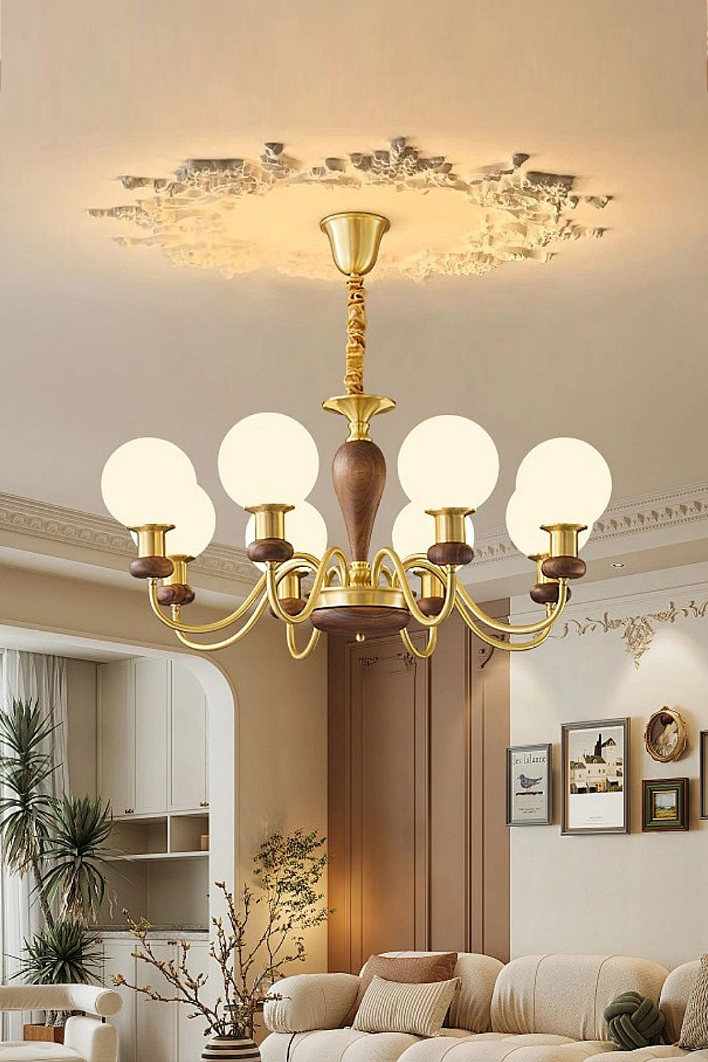 Vintage Globe Walnut Brass Chandelier