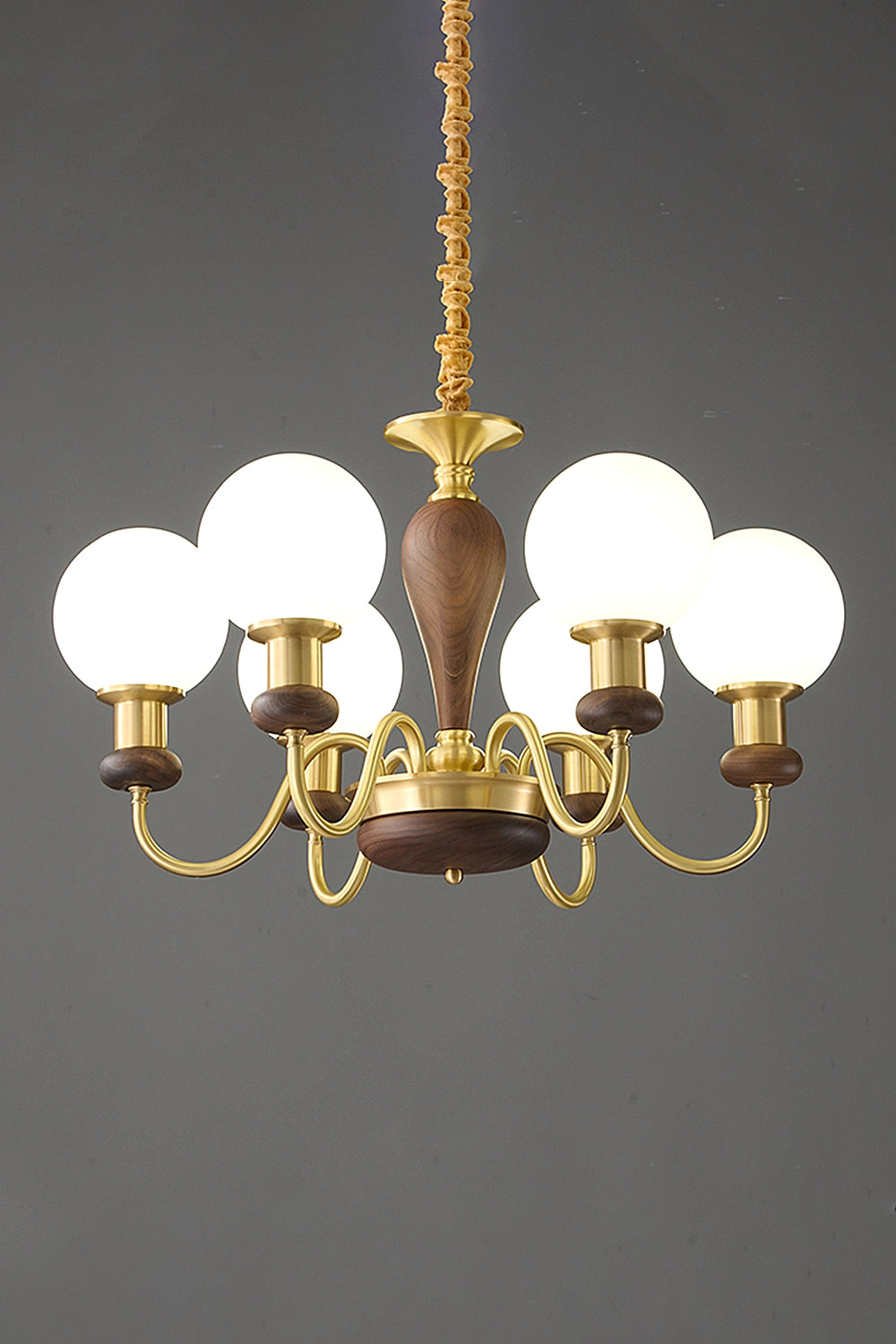 Vintage Globe Walnut Brass Chandelier