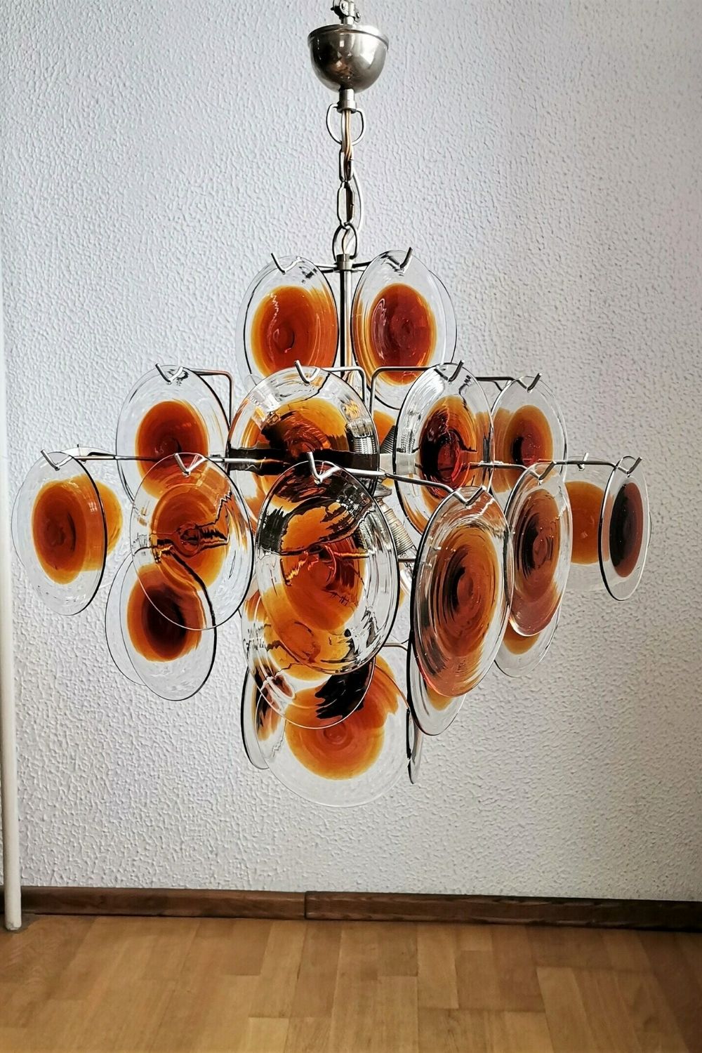 Vintage Murano Orange Brown Disk Glass Chandelier