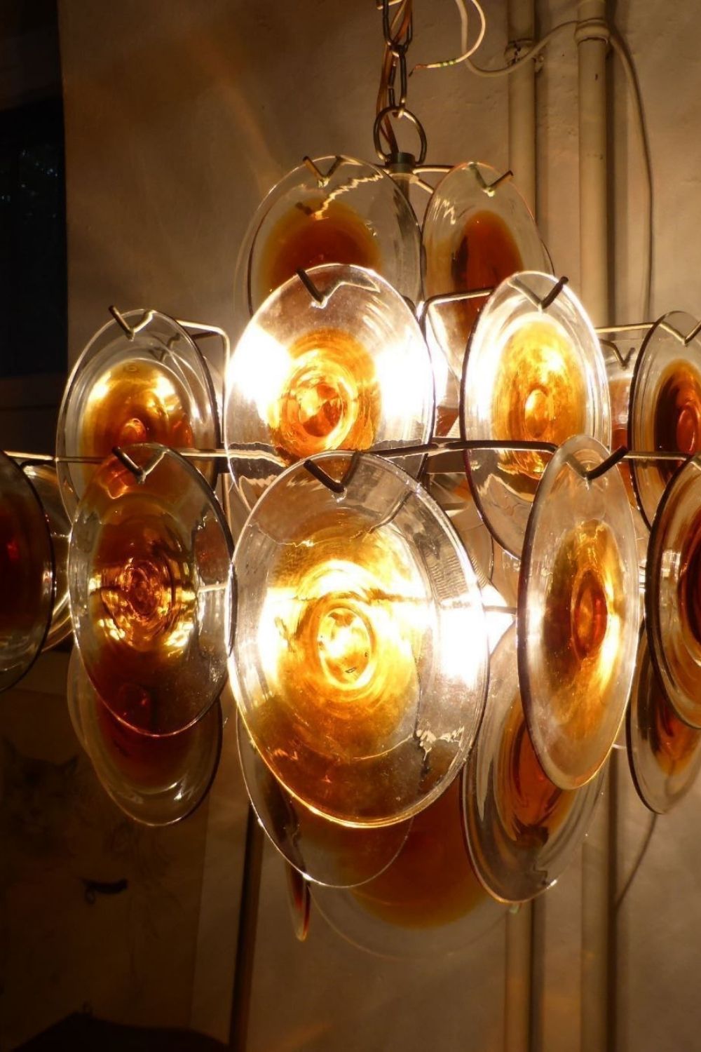 Vintage Murano Orange Brown Disk Glass Chandelier