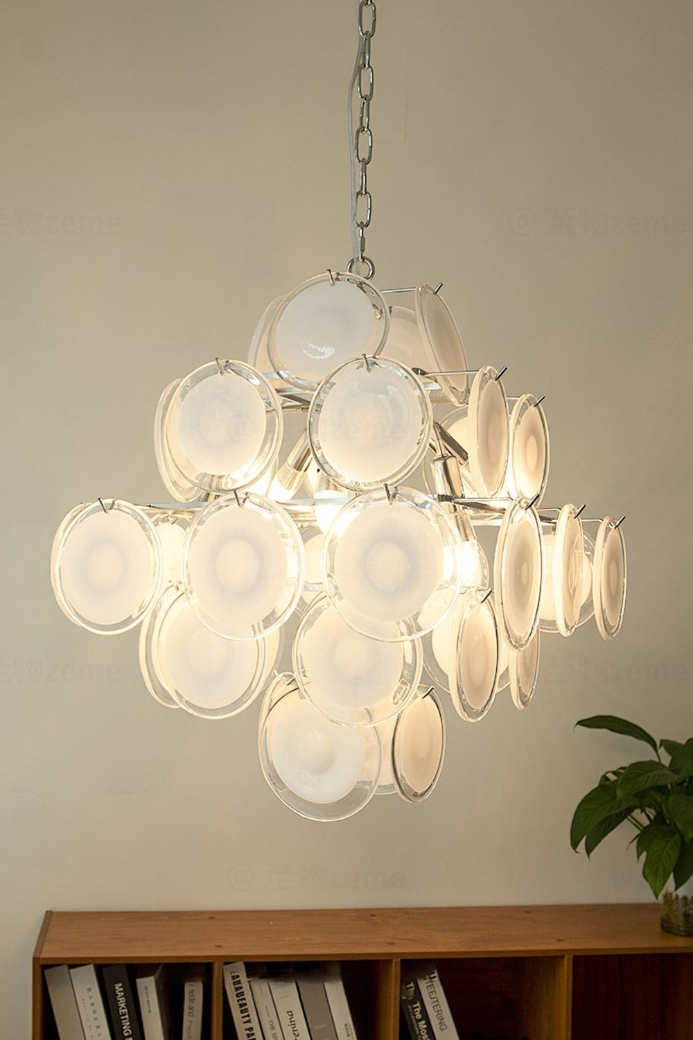 Vintage Murano White Disk Glass Chandelier