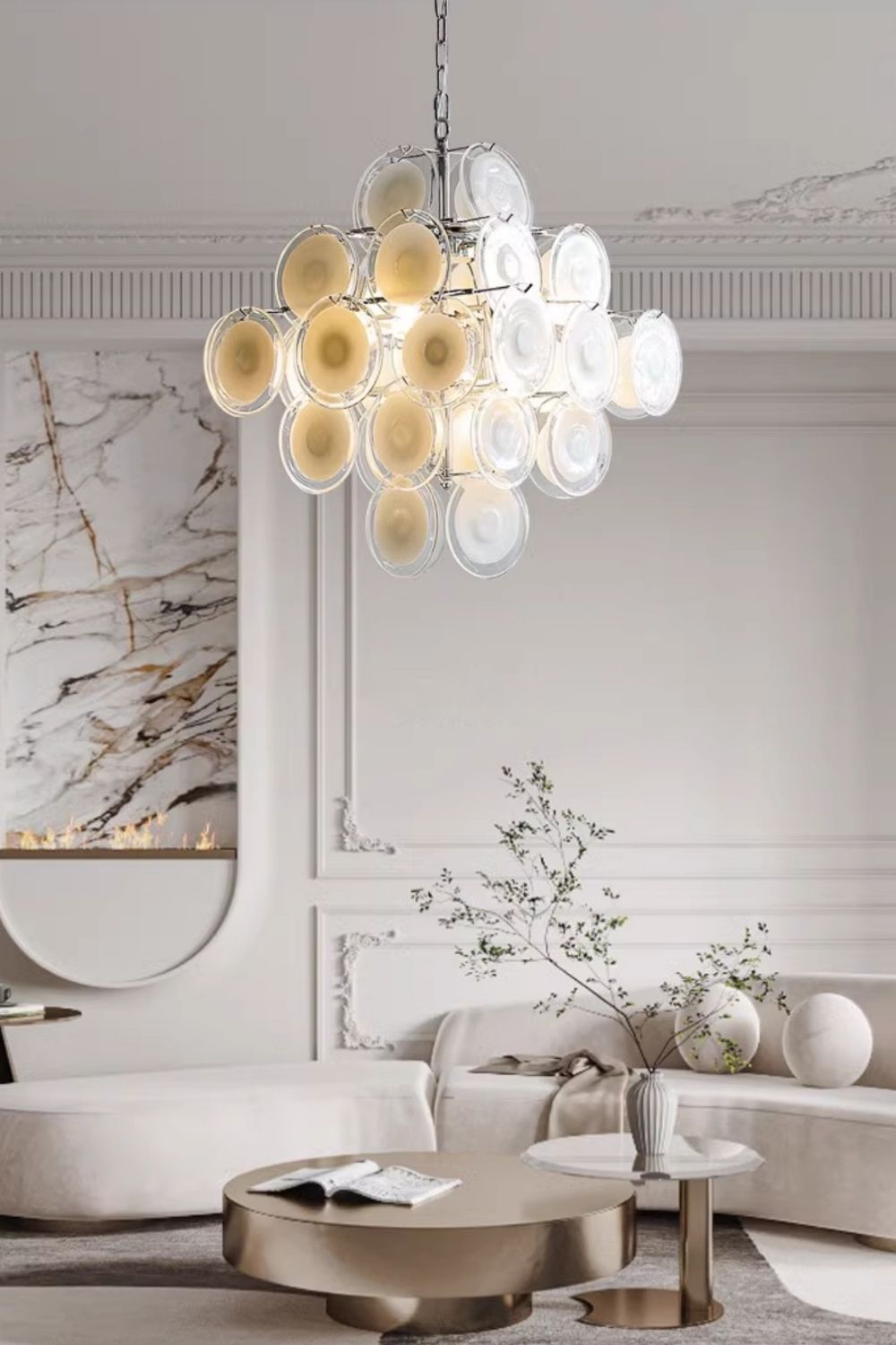 Vintage Murano White Disk Glass Chandelier