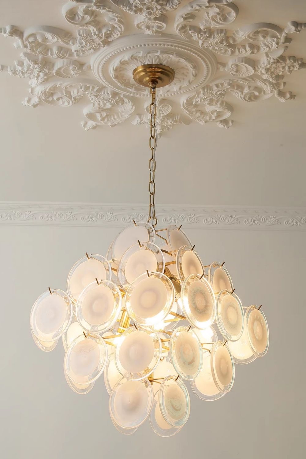 Vintage Murano White Disk Glass Chandelier