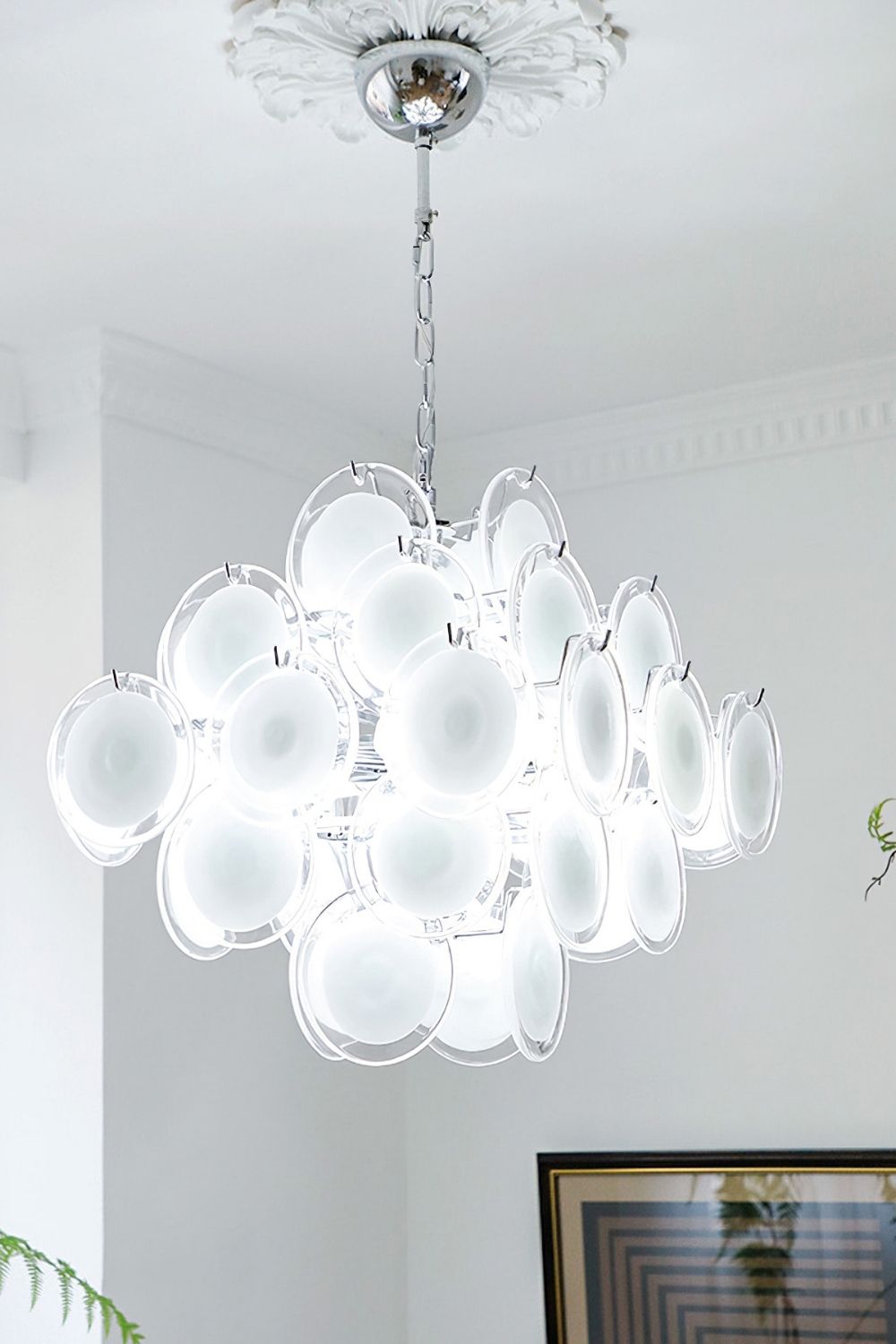 Vintage Murano White Disk Glass Chandelier