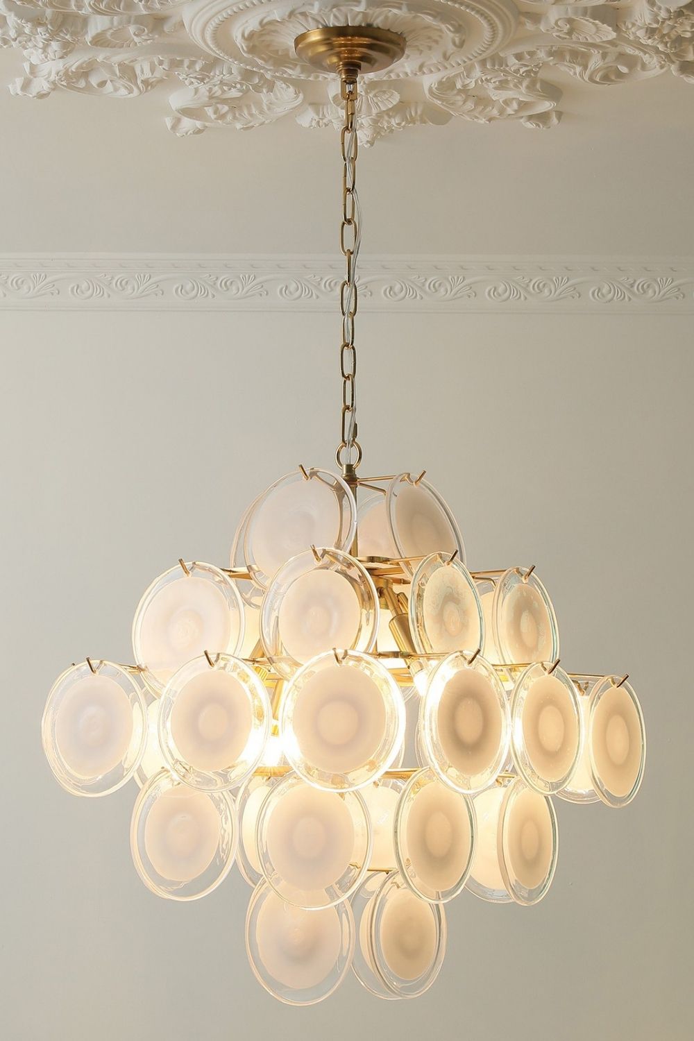 Vintage Murano White Disk Glass Chandelier