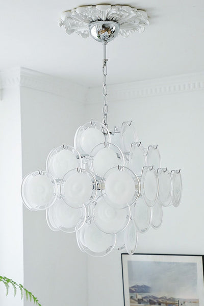 Vintage Murano White Disk Glass Chandelier