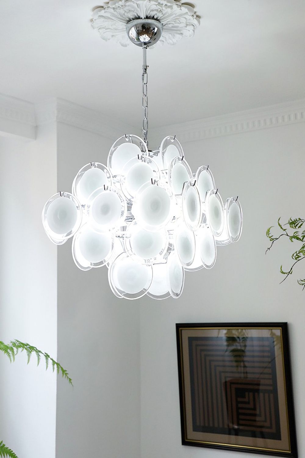 Vintage Murano White Disk Glass Chandelier