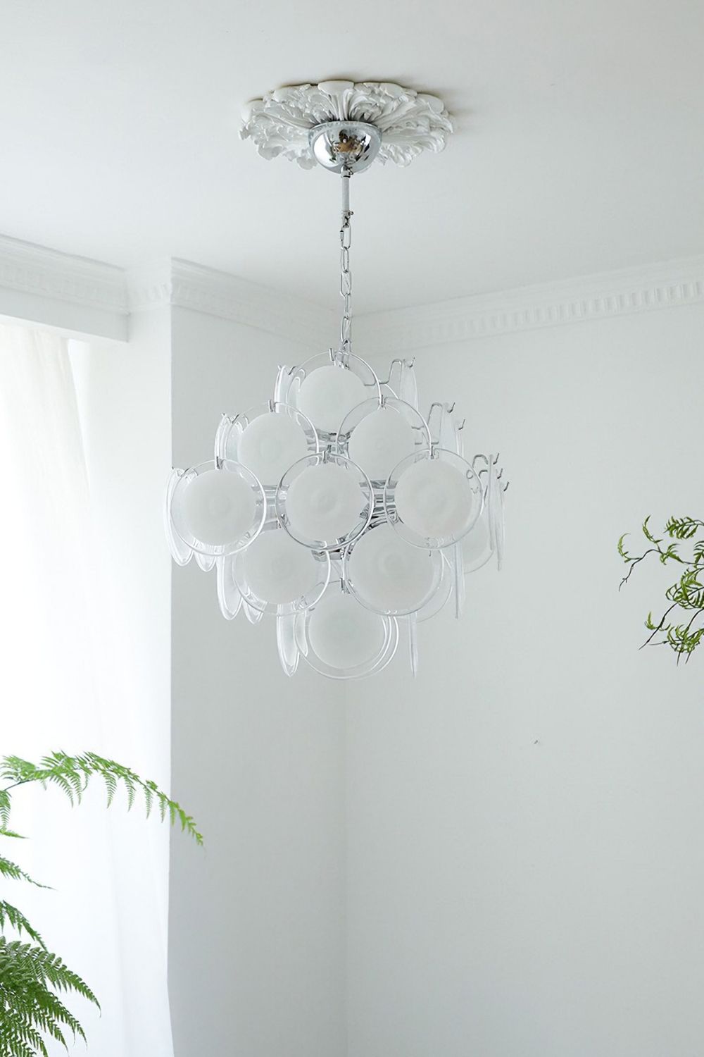 Vintage Murano White Disk Glass Chandelier