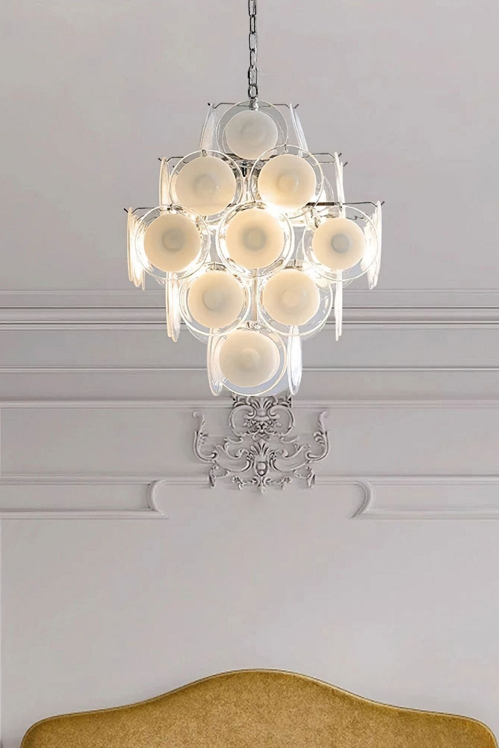 Vintage Murano White Disk Glass Chandelier