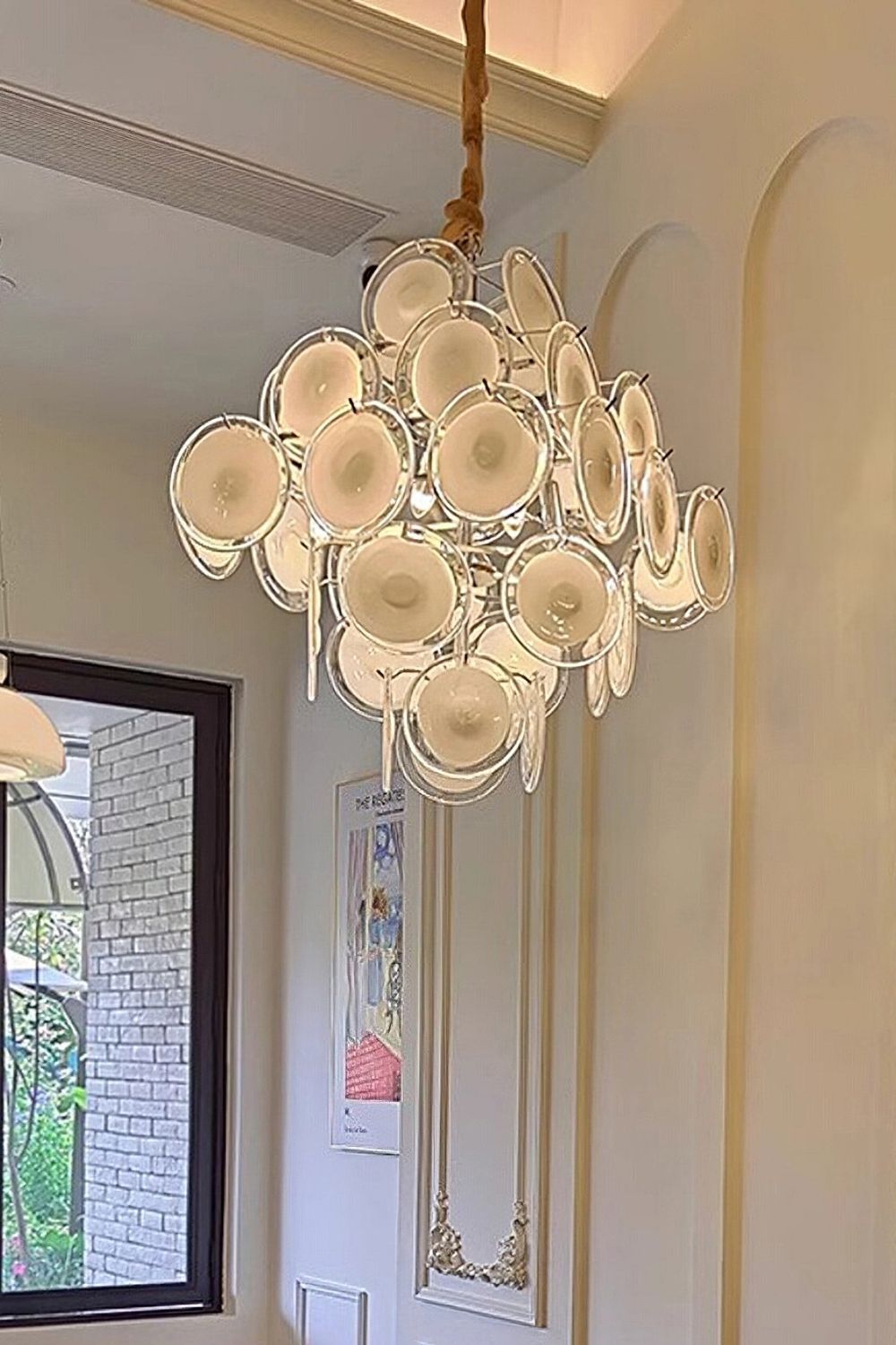 Vintage Murano White Disk Glass Chandelier