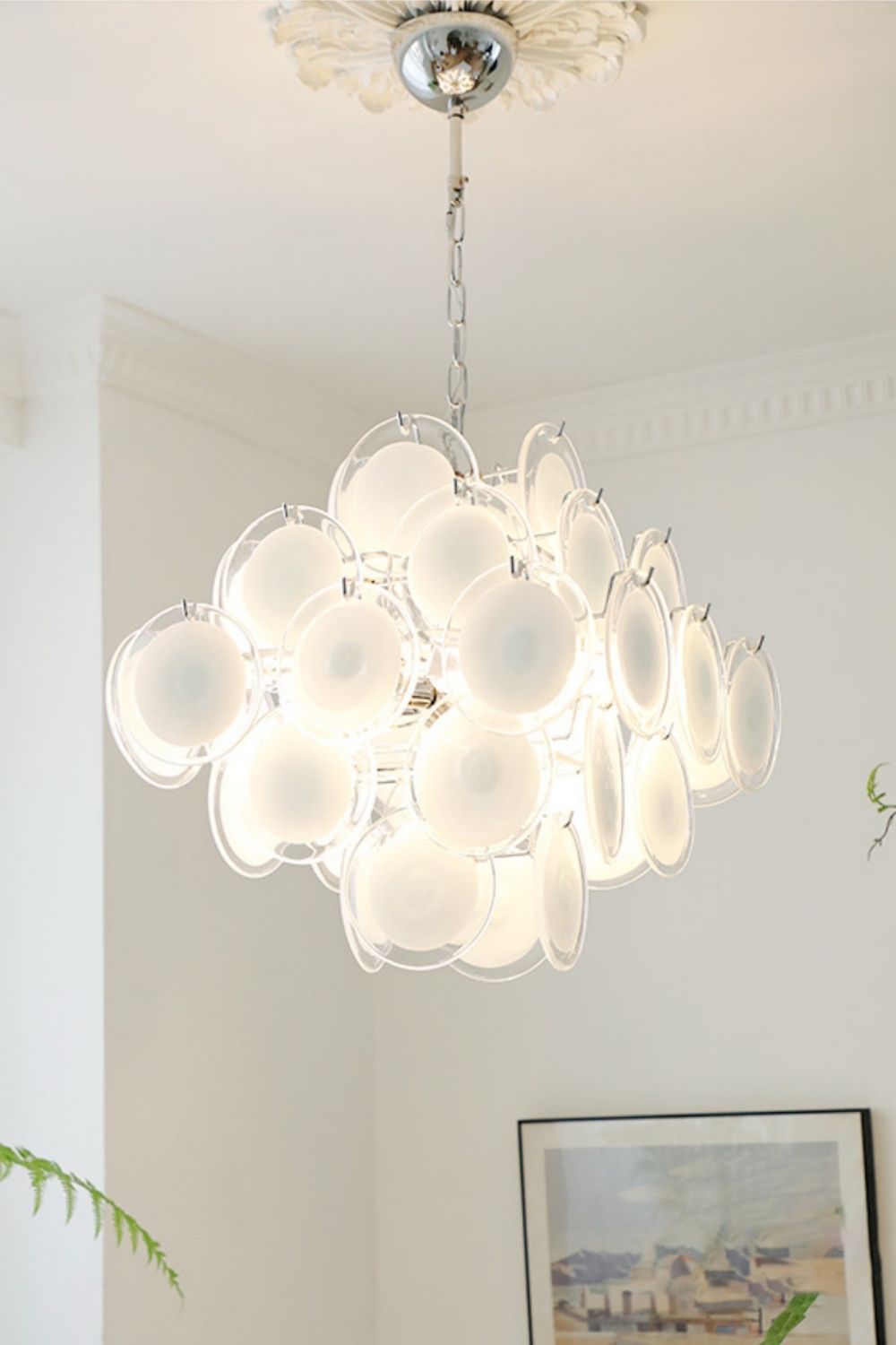 Vintage Murano White Disk Glass Chandelier