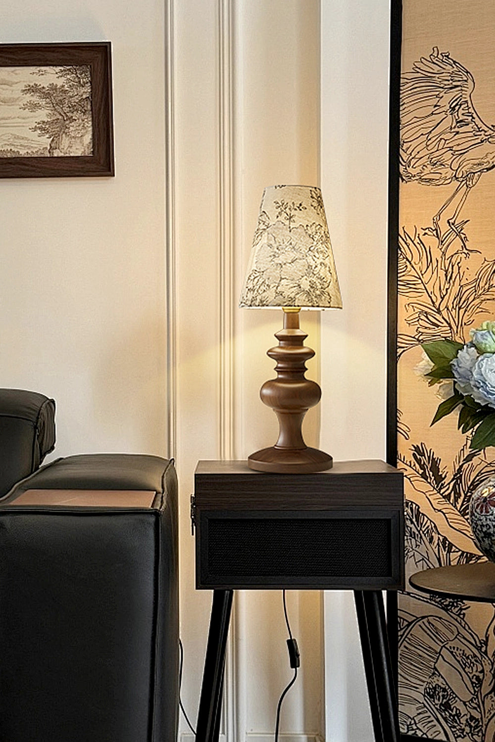 Vintage Print Walnut Table Lamp