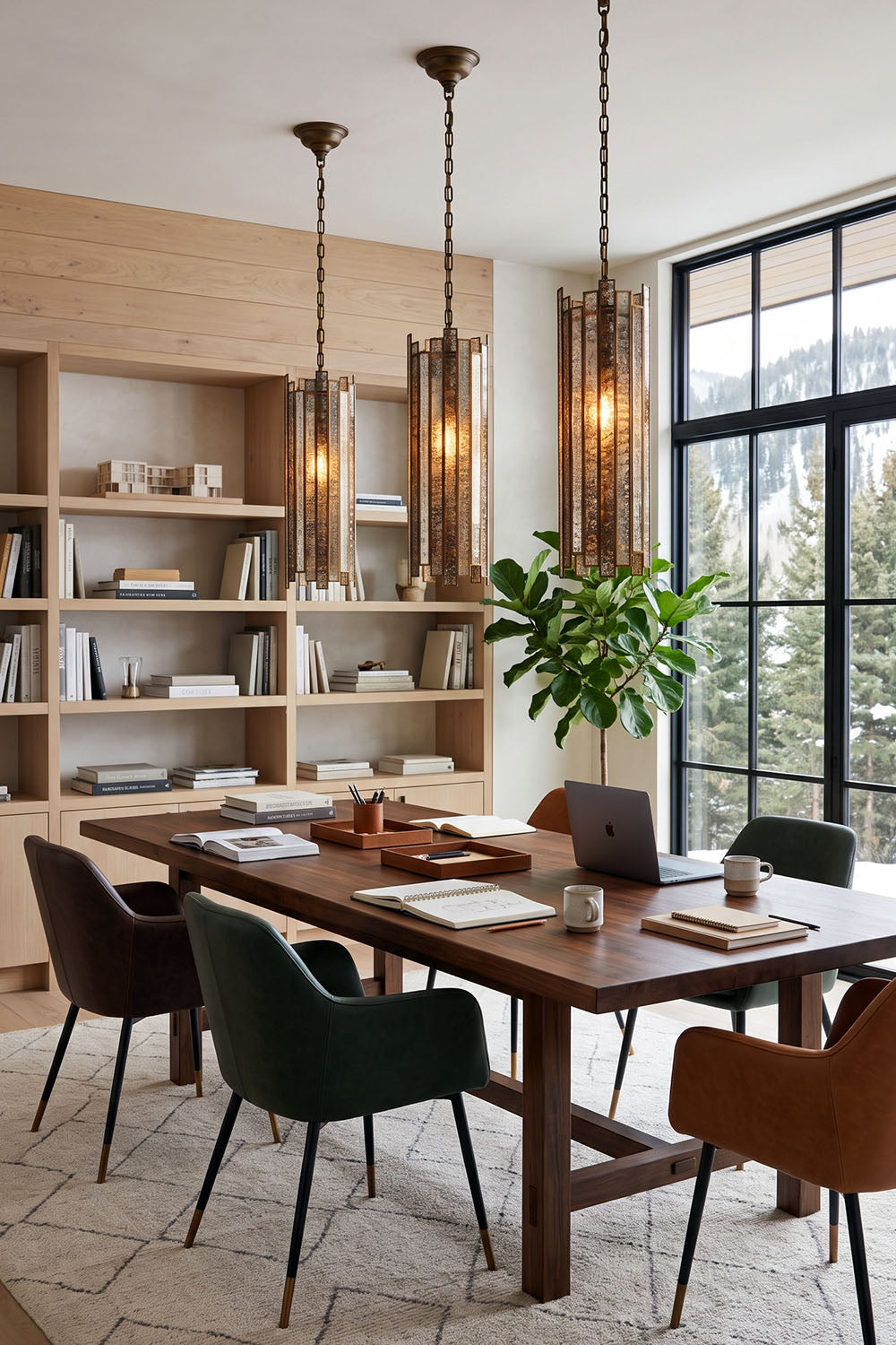 Vitrelle Cylinder Pendant | Textured Glass and Bronze | Trio hanging over long dining table in bright dining room | Samu Lamp