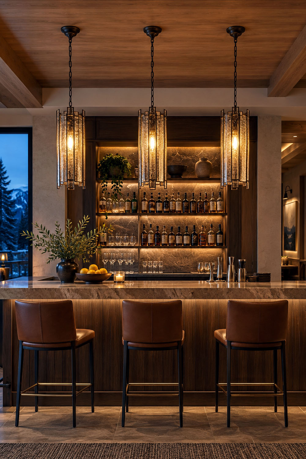 Vitrelle Cylinder Pendant | Textured Glass and Bronze | Trio illuminated above bar counter with wooden barstools | Samu Lamp