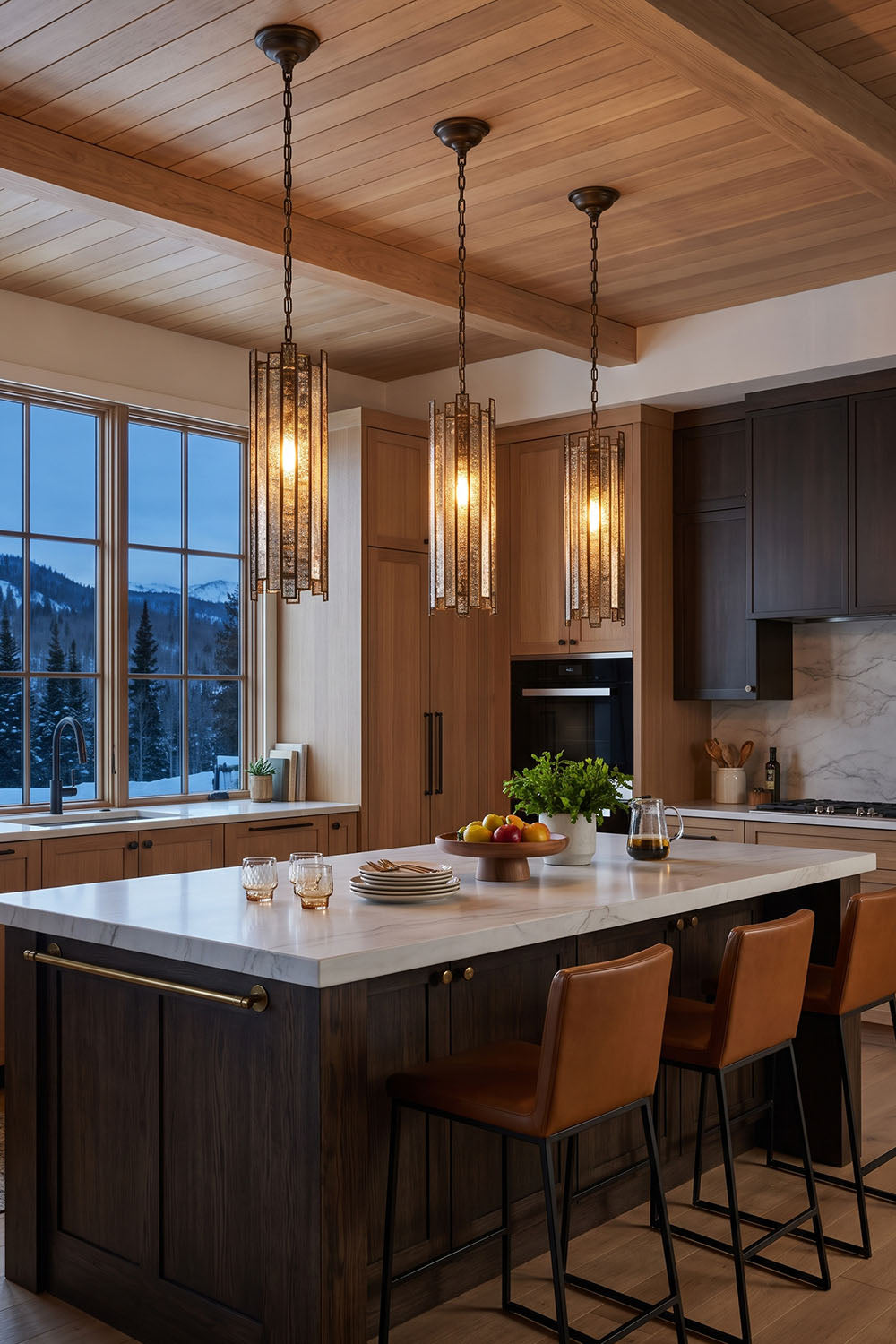 Vitrelle Cylinder Pendant | Textured Glass and Bronze | Trio suspended above kitchen island with dark cabinets | Samu Lamp
