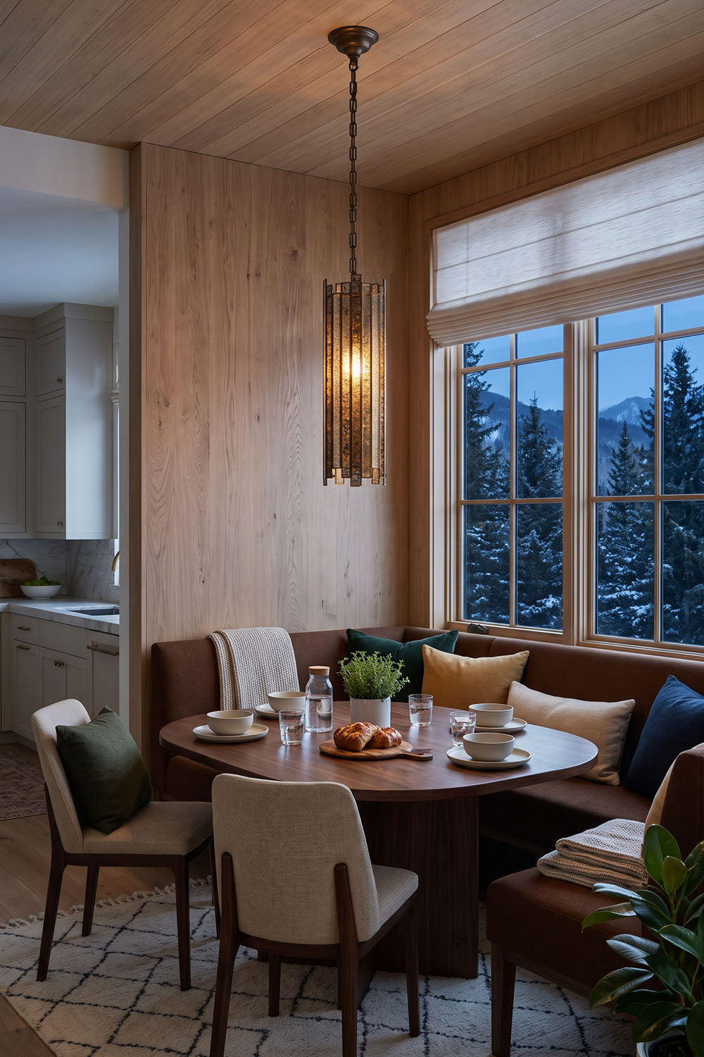 Vitrelle Cylinder Pendant | Textured Glass and Bronze | Single pendant lit above round table in cozy dining nook | Samu Lamp