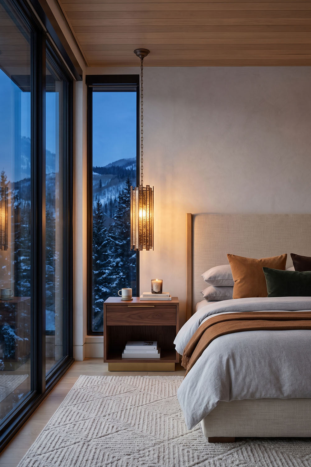 Vitrelle Cylinder Pendant | Textured Glass and Bronze | Bedside pendant lit in mountain-view rustic bedroom | Samu Lamp
