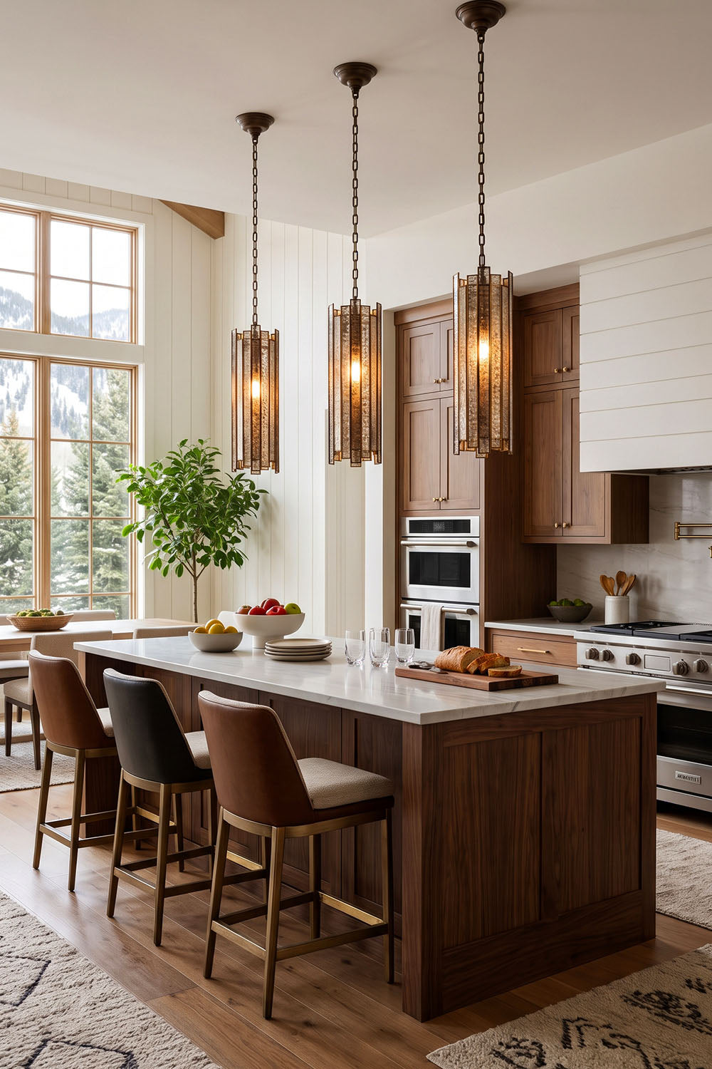 Vitrelle Cylinder Pendant | Textured Glass and Bronze | Trio installed over kitchen island in open-concept home | Samu Lamp