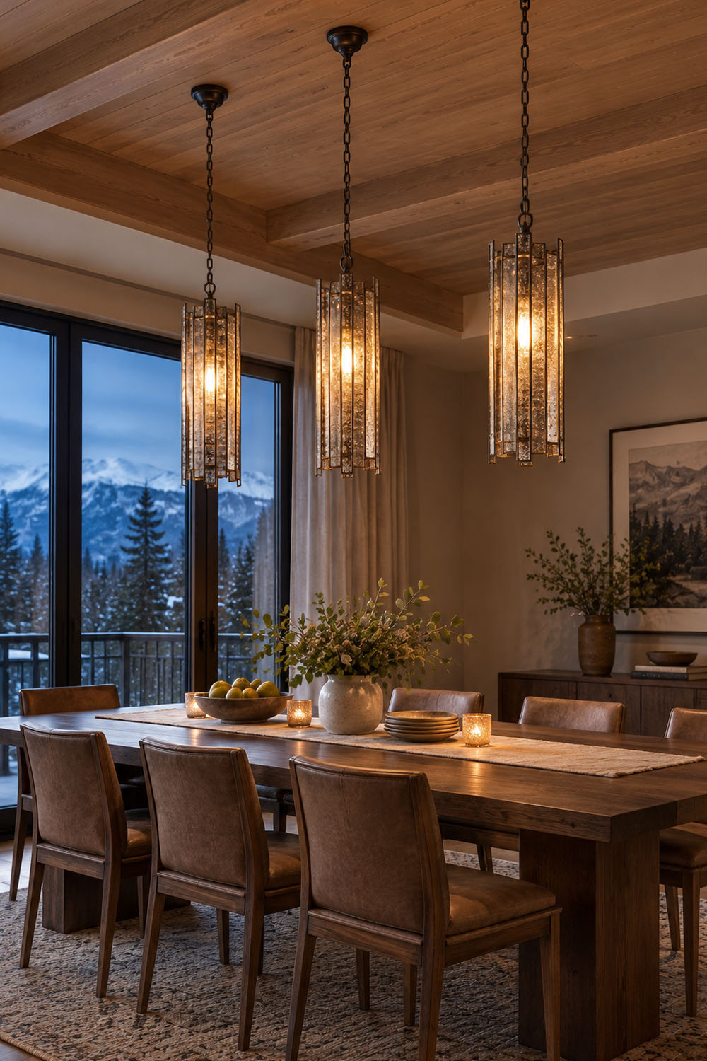Vitrelle Cylinder Pendant | Textured Glass and Bronze | Trio hanging above dining table beside scenic dusk window | Samu Lamp