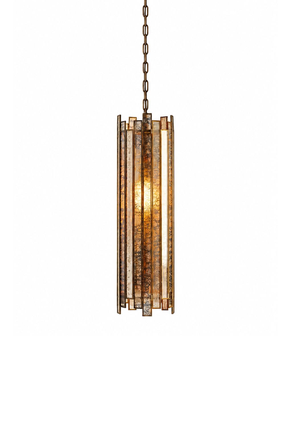 Vitrelle Cylinder Pendant | Textured Glass and Bronze | Full hanging profile illuminated on pure white backdrop | Samu Lamp