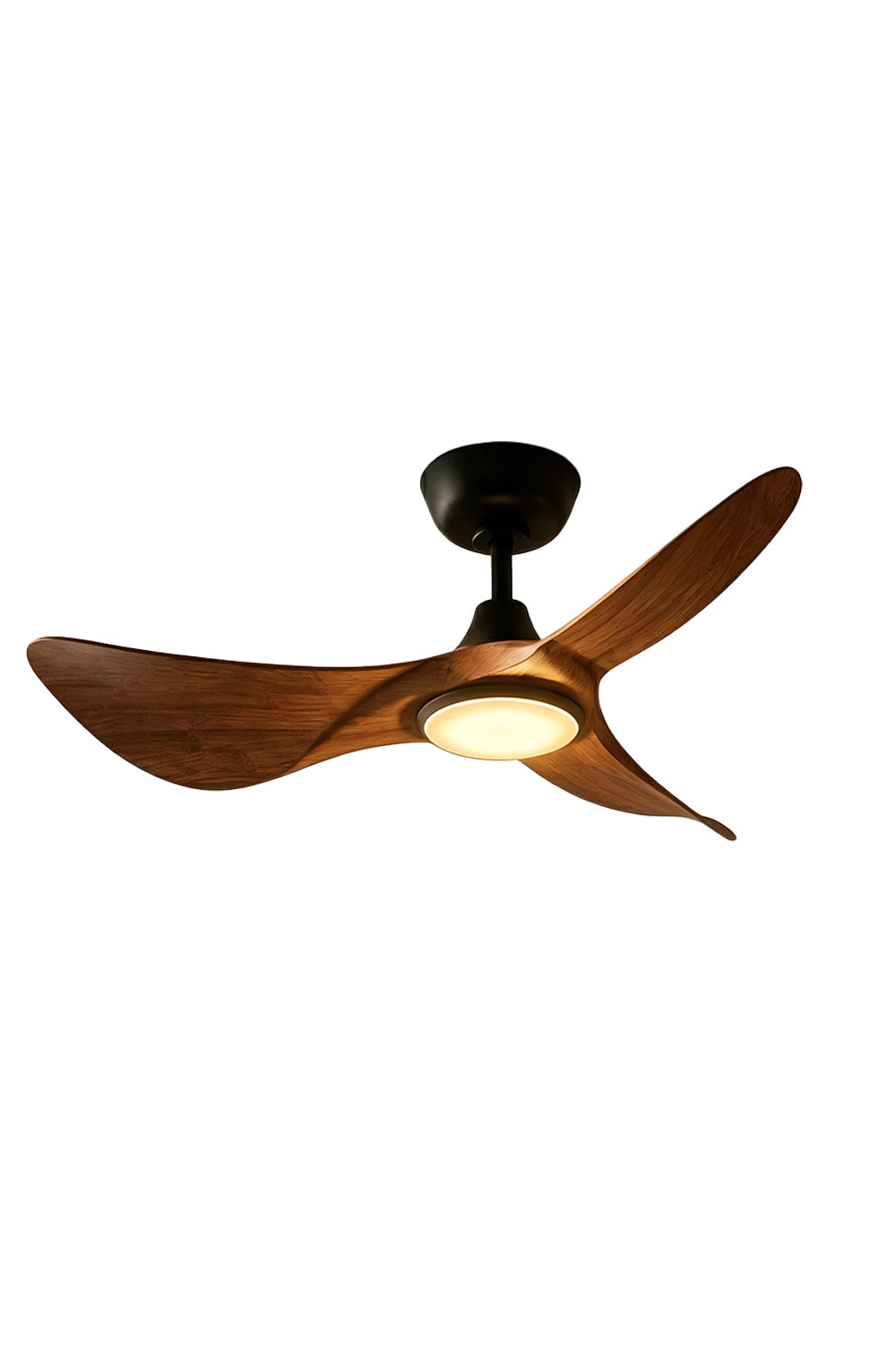 Volant Sculptural Wood Ceiling Fan Light | Wood, Metal | Isolated lit view of a contemporary low-profile ceiling fan featuring three aerodynamic propeller-style walnut wood blades and a matte black motor housing with an integrated round LED light | White background | Samu Lamp