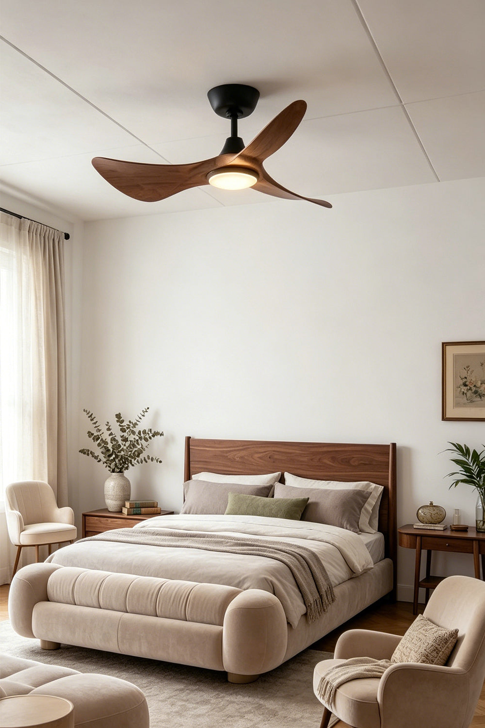 Volant Sculptural Wood Ceiling Fan Light | Wood, Metal | Providing refreshing airflow and warm ambient illumination in a cozy contemporary bedroom over a walnut wood platform bed | Samu Lamp