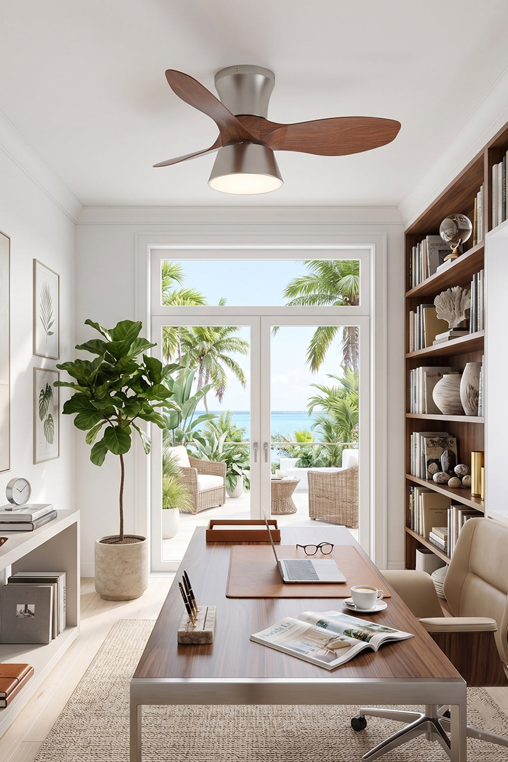 Volos Modern Minimalist Ceiling Fan Light | Wood, Metal | Positioned over an executive wooden desk and chair in a luxurious home office with built-in bookshelves and palm tree views | Samu Lamp