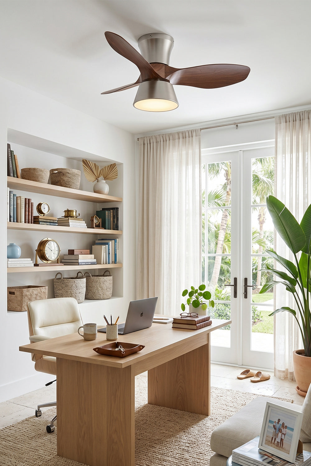 Volos Modern Minimalist Ceiling Fan Light | Wood, Metal | Staged in a clean contemporary home study room over a minimalist wood desk paired with a white office chair | Samu Lamp