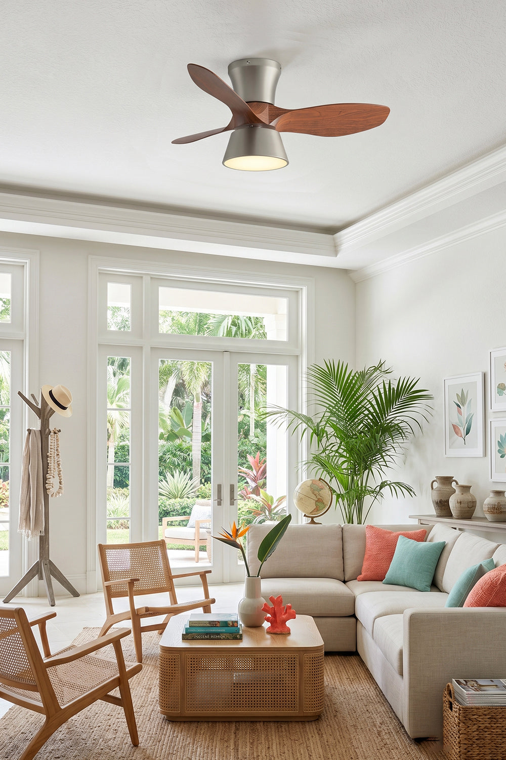 Volos Modern Minimalist Ceiling Fan Light | Wood, Metal | Providing refreshing airflow and soft ambient illumination in a bright contemporary living room with a cream sectional sofa and tropical indoor plants | Samu Lamp