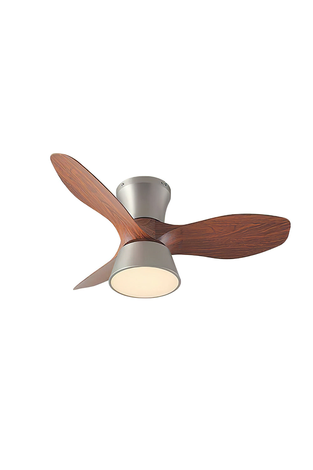 Volos Modern Minimalist Ceiling Fan Light | Wood, Metal | Isolated lit product view of a contemporary low-profile flush mount ceiling fan featuring three sculpted walnut wood blades and a brushed nickel motor housing with an integrated round LED light | White background | Samu Lamp