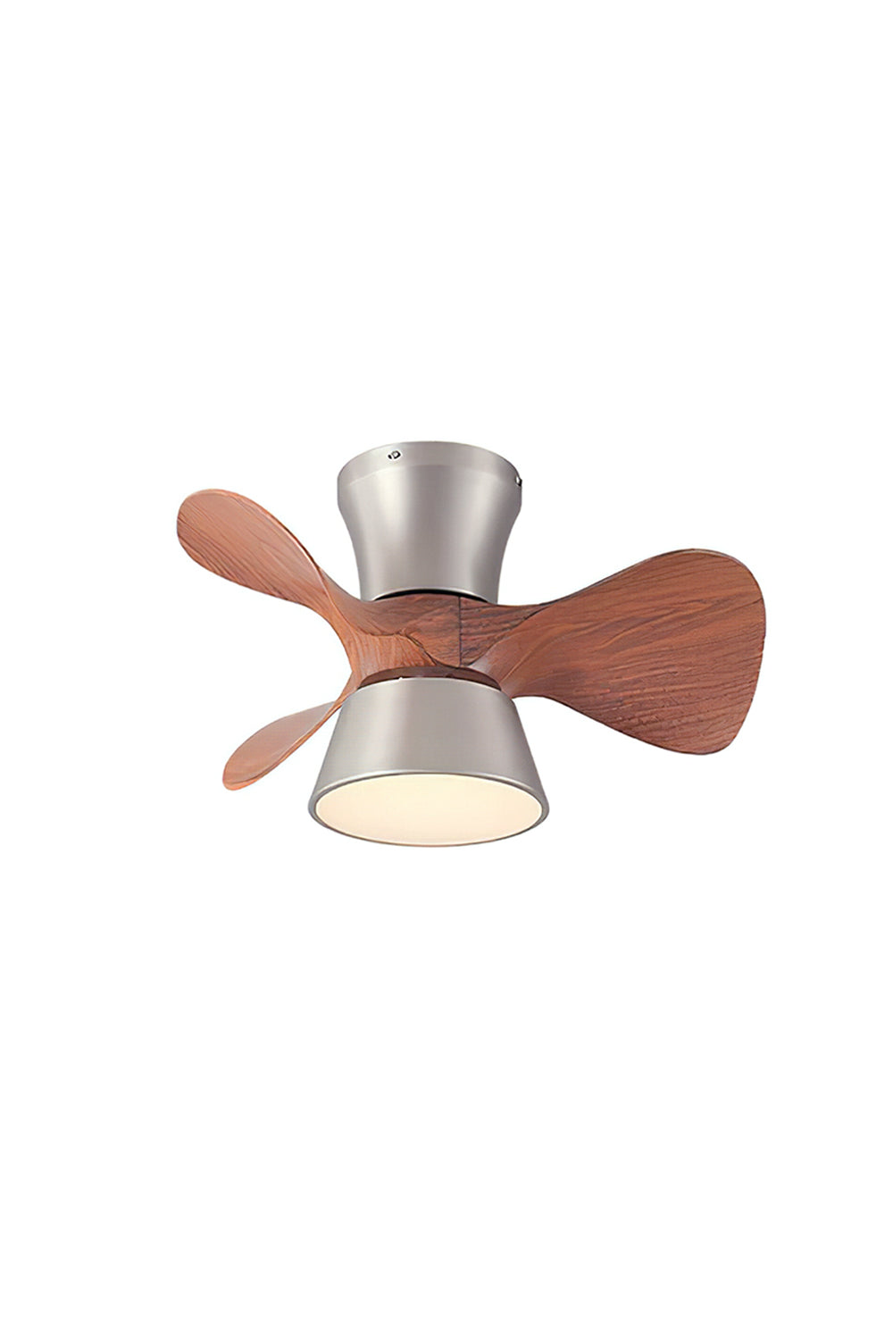 Volos Modern Minimalist Ceiling Fan Light | Wood, Metal | Centered front studio view of the fully illuminated minimalist 3-blade flush mount chandelier fan against a plain background | Samu Lamp