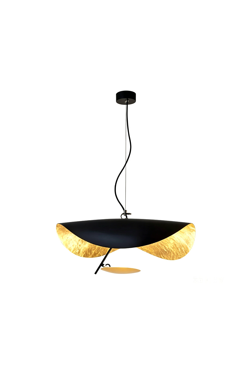 Voluta Horizon Metal Pendant Light | Metal | Modern wave-shaped pendant light with a black exterior, textured gold foil interior, and a small suspended accent disc | Isolated lit product shot on white background | Samu Lamp