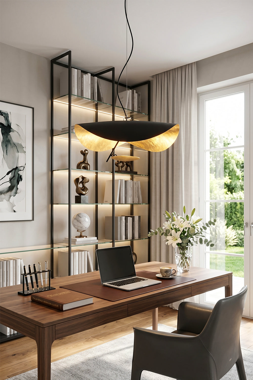 Voluta Horizon Metal Pendant Light | Metal | Suspended over a dark wood executive desk and office chair in a bright, modern study | Samu Lamp