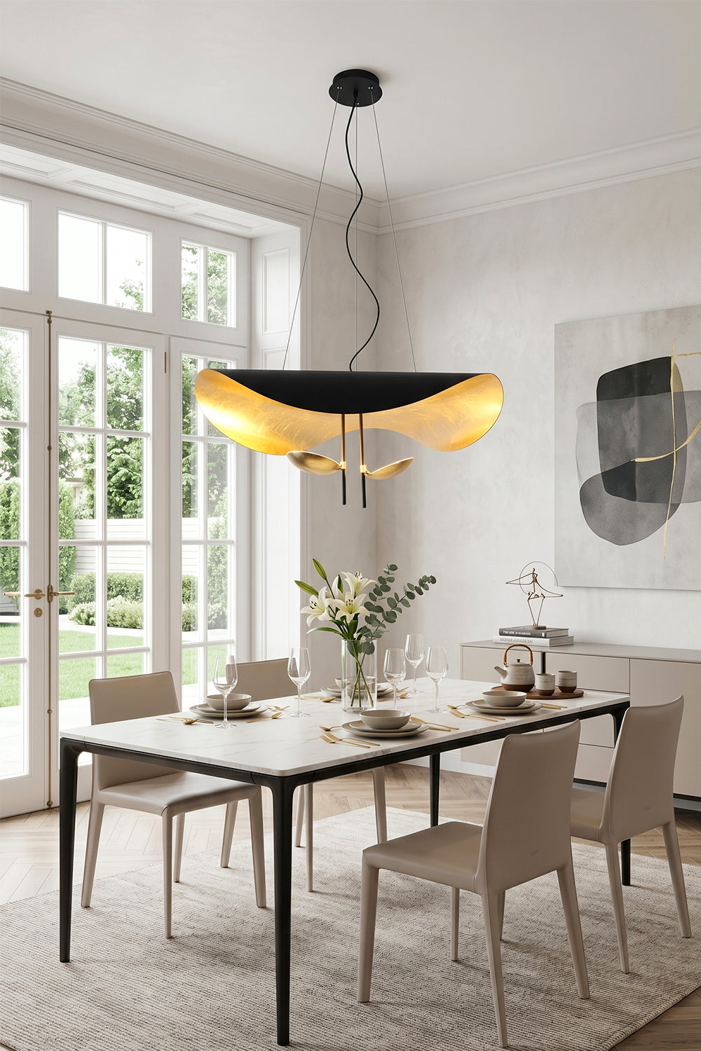 Voluta Horizon Metal Pendant Light | Metal | Black and gold variant providing warm light over a minimalist dining table and upholstered chairs | Samu Lamp