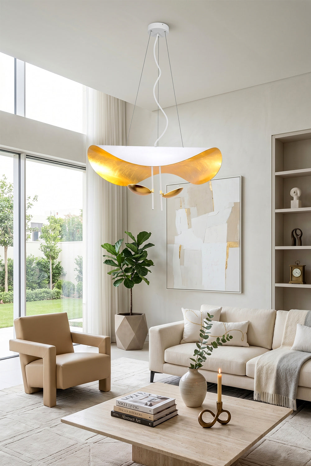 Voluta Horizon Metal Pendant Light | Metal | White variant adding a luxurious touch to a bright living room with a beige sofa and modern decor | Samu Lamp