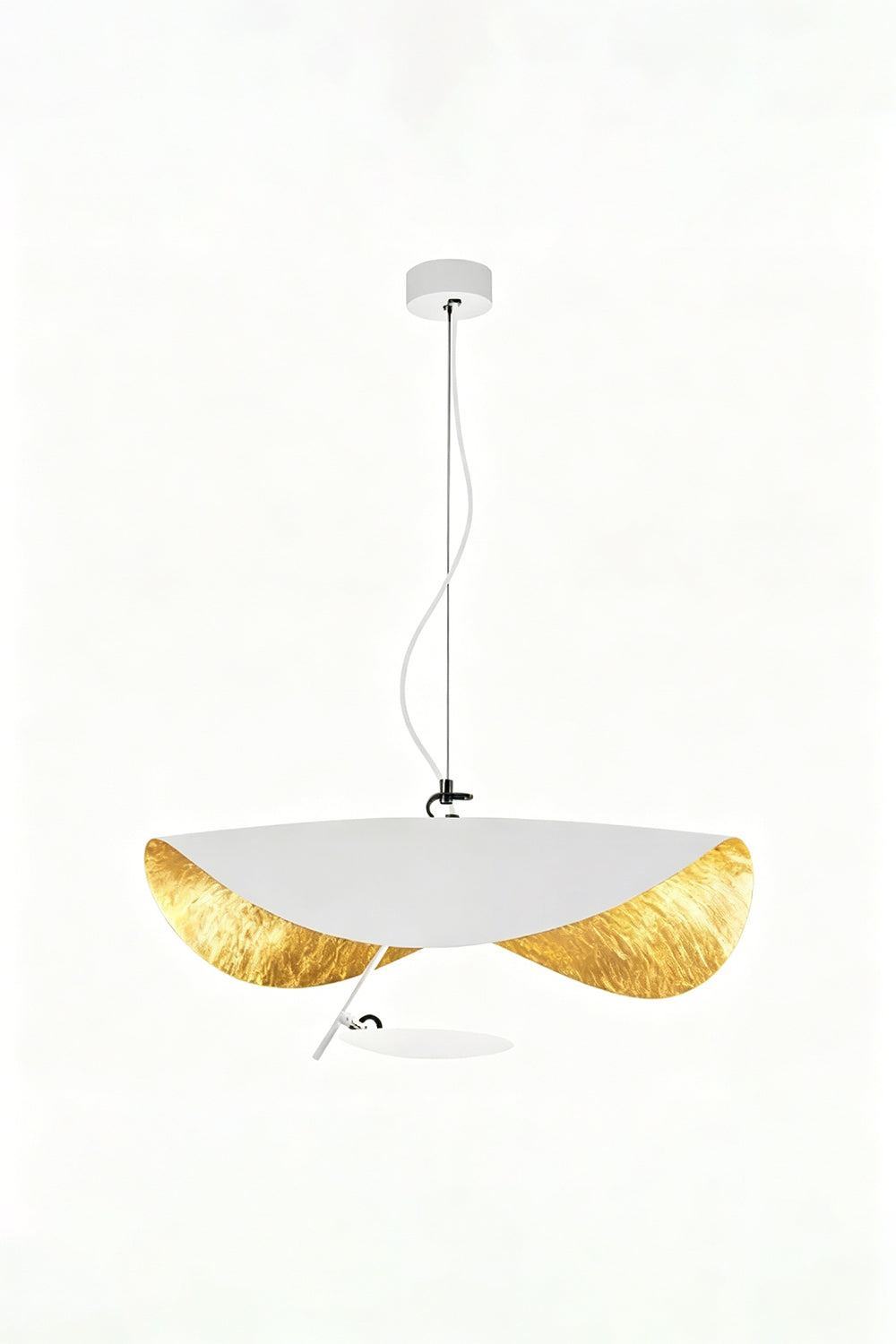 Voluta Horizon Metal Pendant Light | Metal | Straight-on view of the fully lit white and gold wave pendant light | Isolated shot | Samu Lamp