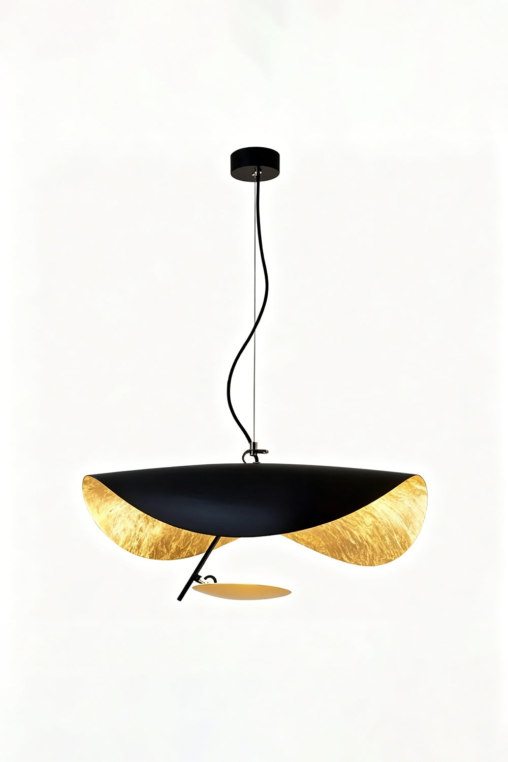 Voluta Horizon Metal Pendant Light | Metal | Straight-on view of the fully lit black and gold wave pendant light | Isolated shot | Samu Lamp