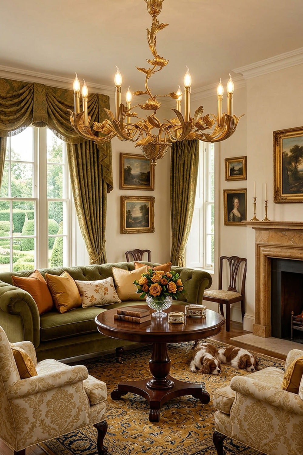 Vrilette Brass Leaf Vine Candle Chandelier | Carved Brass | Positioned in a traditional living room with a fireplace and green velvet couch | Samu Lamp
