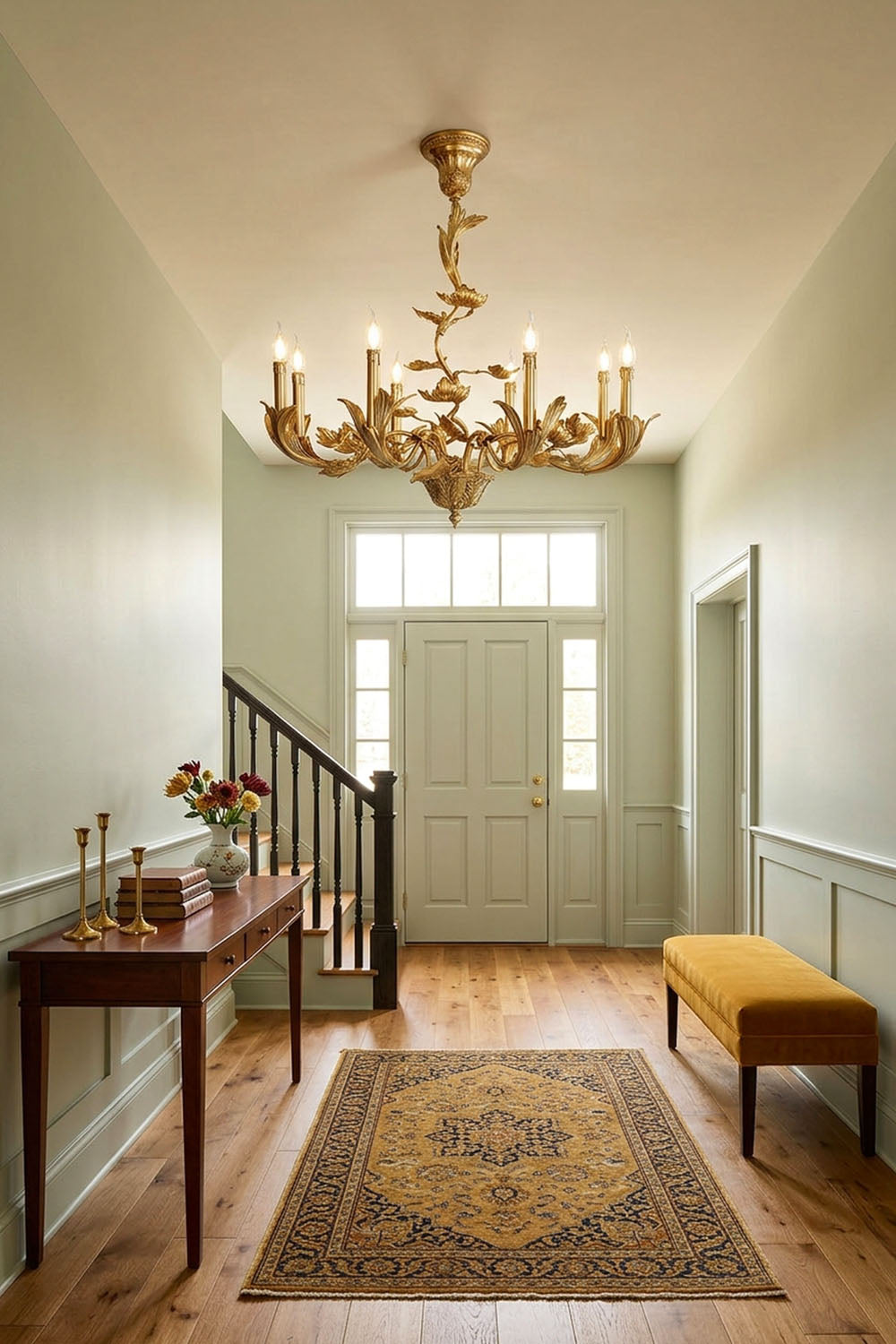 Vrilette Brass Leaf Vine Candle Chandelier | Carved Brass | Lighting a grand entryway hallway with console table and runner rug | Samu Lamp