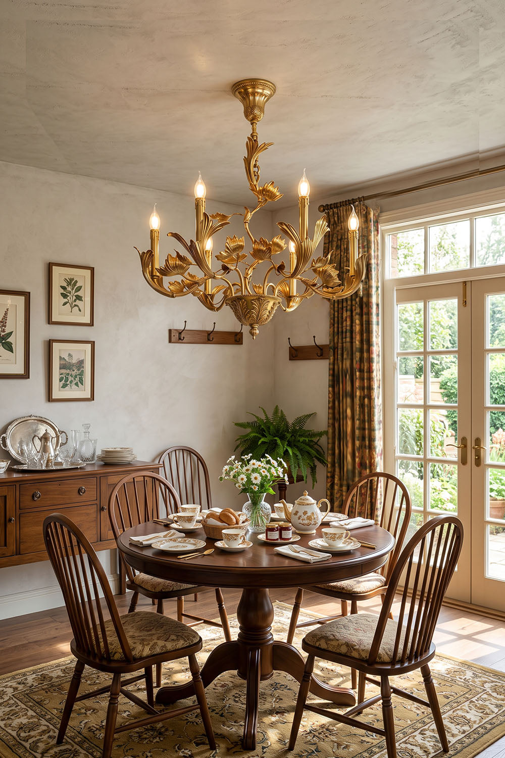 Vrilette Brass Leaf Vine Candle Chandelier | Carved Brass | Styled in a sunlit dining room above a round table facing French doors | Samu Lamp