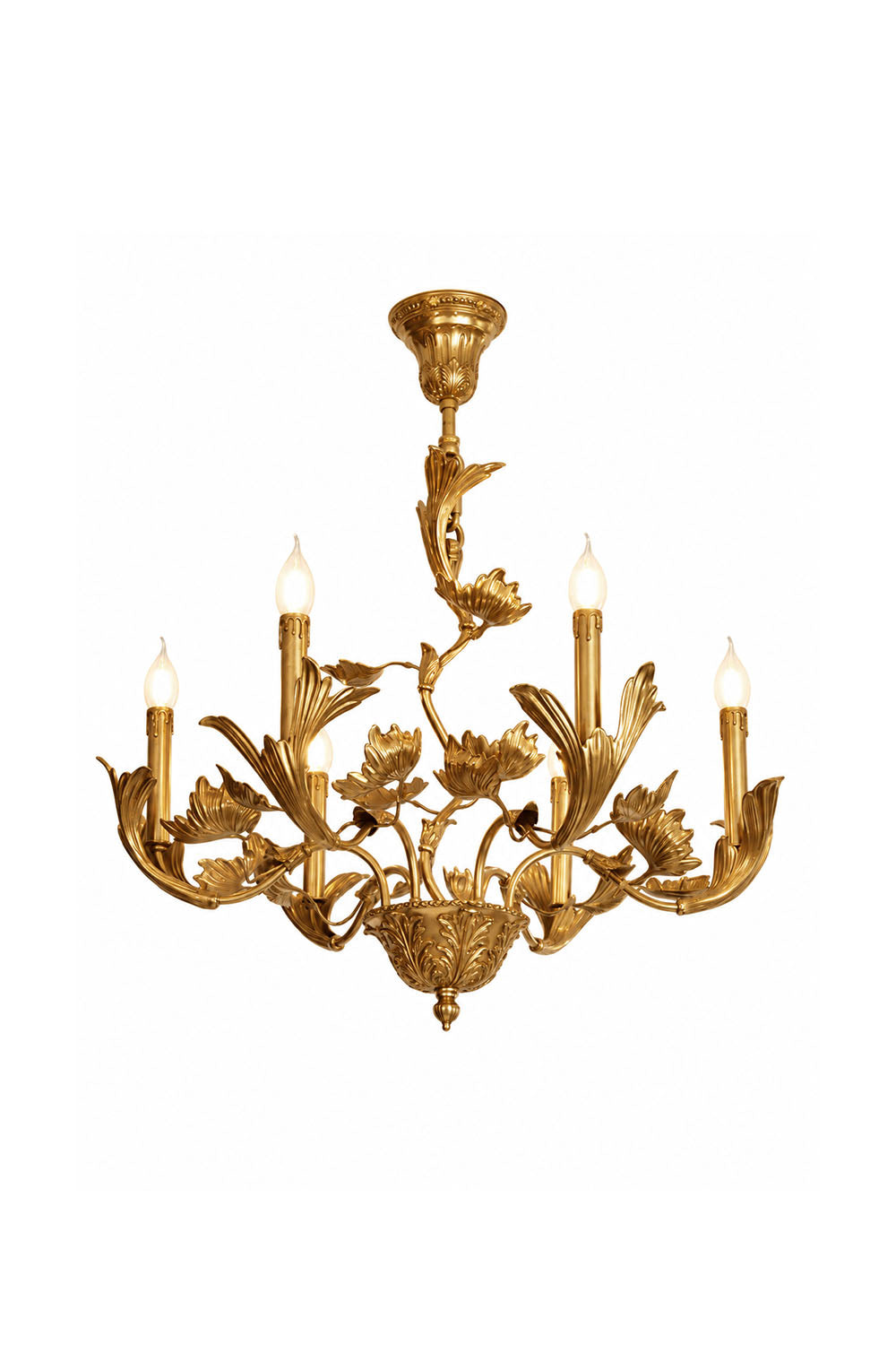 Vrilette Brass Leaf Vine Candle Chandelier | Carved Brass | Front full view on a pure white background, illuminated | Samu Lamp