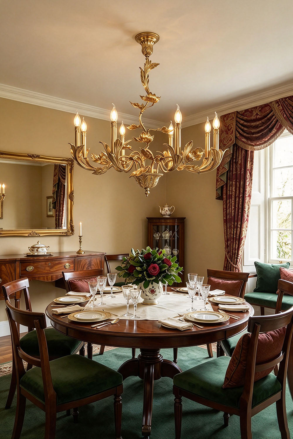Vrilette Brass Leaf Vine Candle Chandelier | Carved Brass | Hanging above a round dining table with green chairs and drapery windows | Samu Lamp