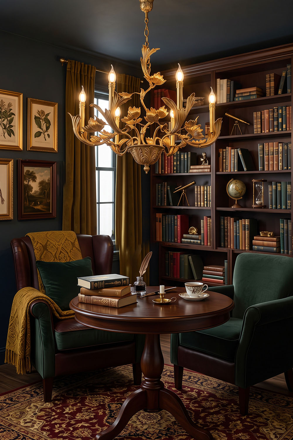 Vrilette Brass Leaf Vine Candle Chandelier | Carved Brass | Suspended in a classic study library with tall bookshelves and leather chairs | Samu Lamp