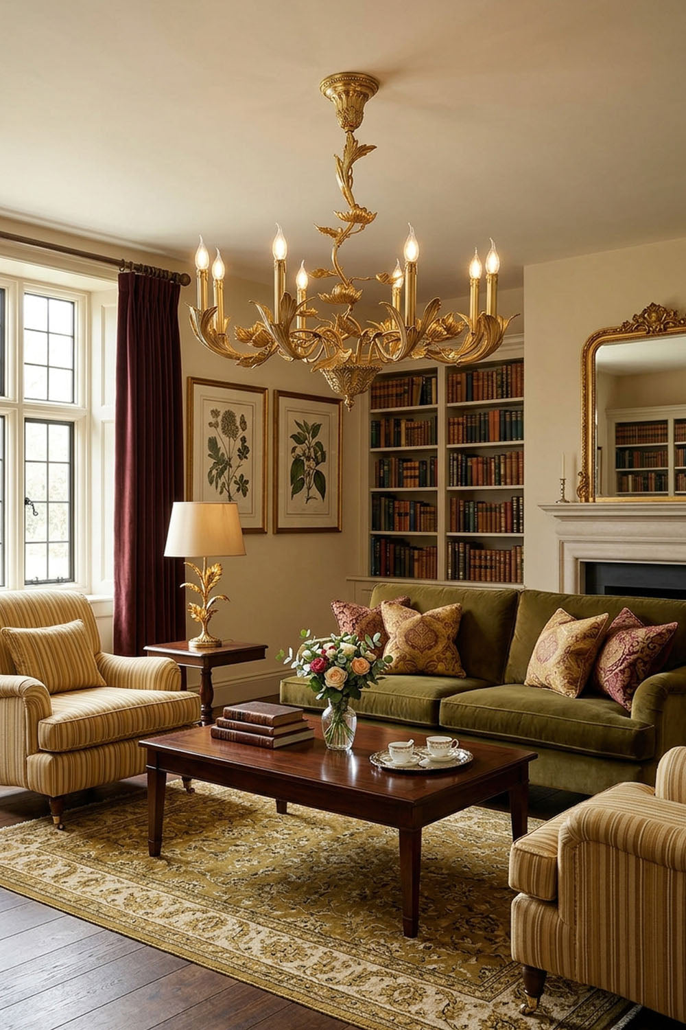 Vrilette Brass Leaf Vine Candle Chandelier | Carved Brass | Displayed in an elegant living room with a green sofa and wooden coffee table | Samu Lamp