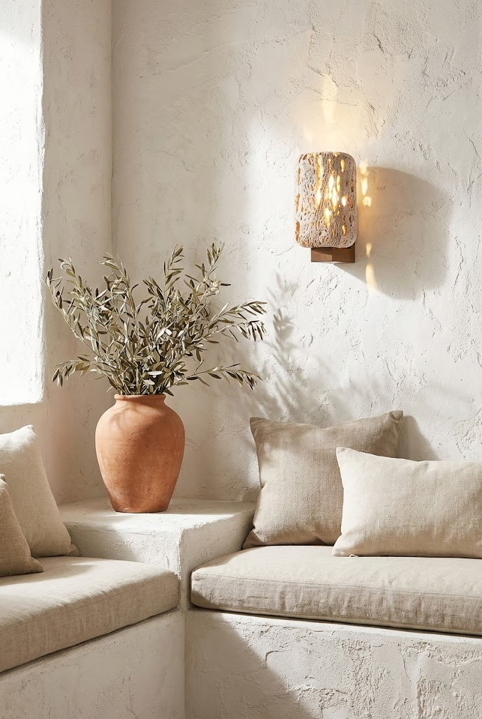 Lit stone wall sconce above a built-in stone bench | Travertine, Wood | Rustic interior scene with cushions and a terracotta vase | Samu Lamp