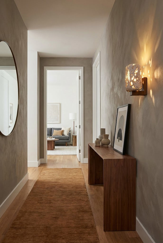 Travertine cylinder wall lamp in a long hallway | Travertine, Wood | Installed above a slim wooden console table | Samu Lamp