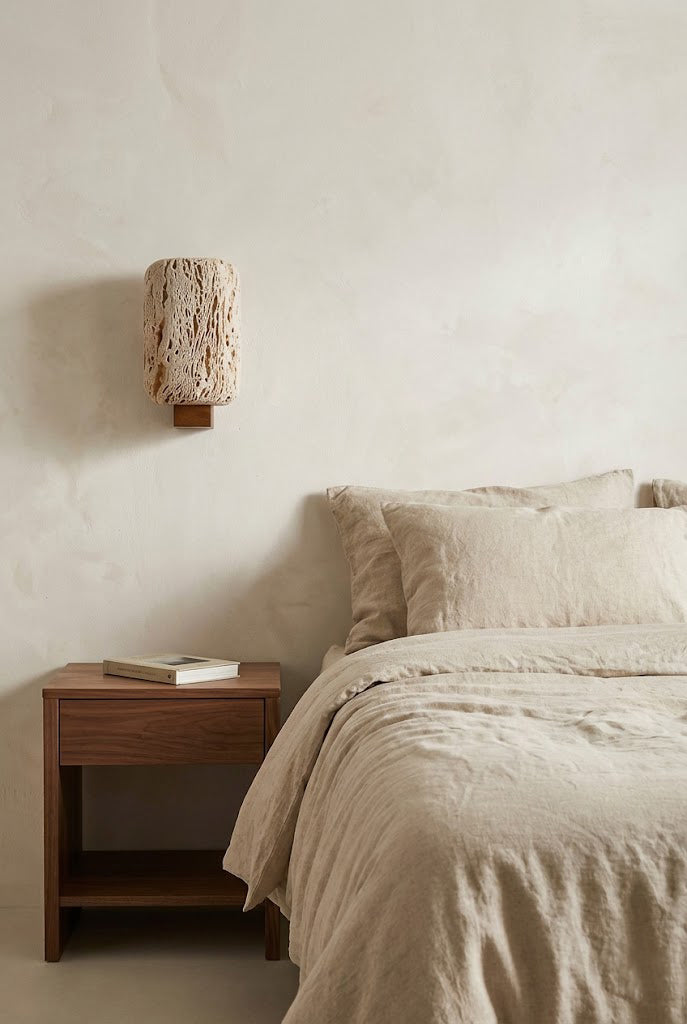 Unlit travertine wall sconce on a textured plaster wall | Travertine, Wood | Minimalist bedroom interior view | Samu Lamp