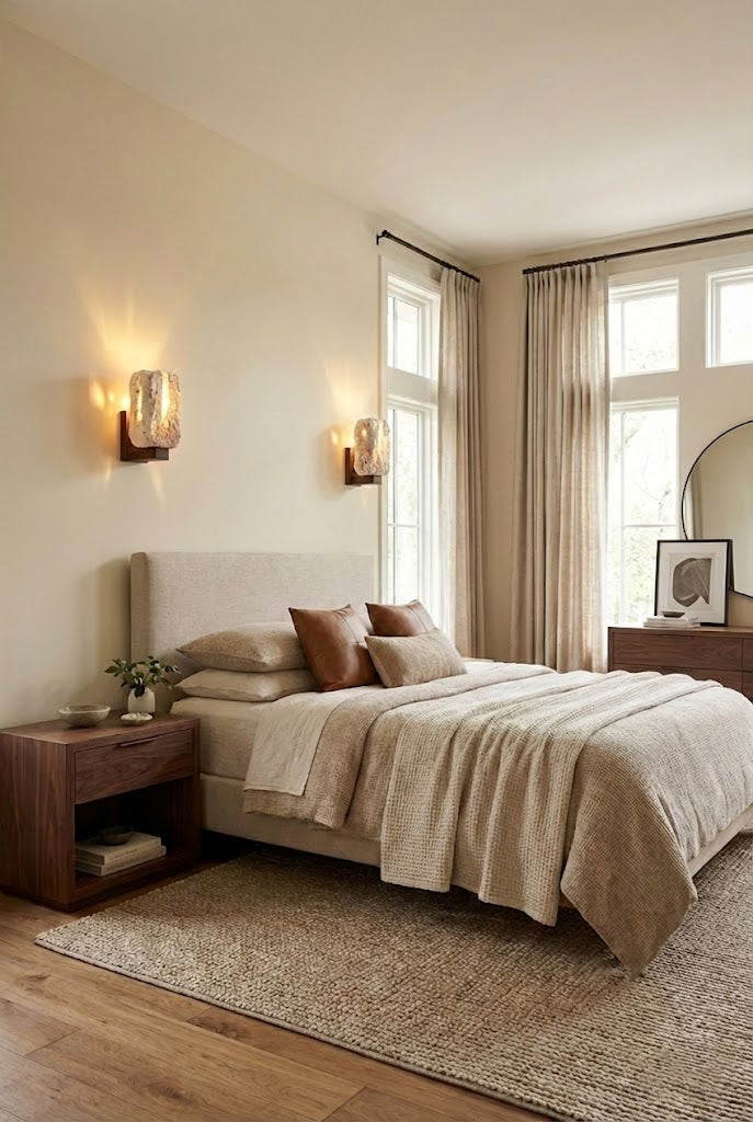 Pair of Wabi-Sabi travertine wall lamps flanking a bed | Travertine, Wood | Full bedroom interior with neutral tones and wooden furniture | Samu Lamp