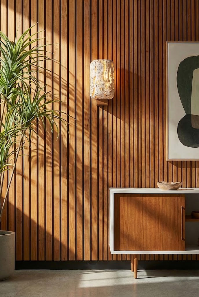 Travertine wall light on a vertical wood slat panel | Travertine, Wood | Modern organic interior scene with green plant | Samu Lamp