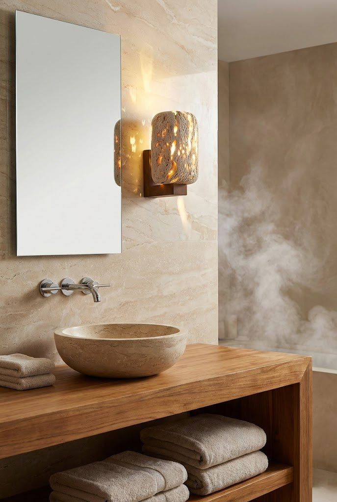 Wabi-Sabi stone wall lamp in a spa-like bathroom | Travertine, Wood | Next to a mirror and wooden vanity with stone basin | Samu Lamp